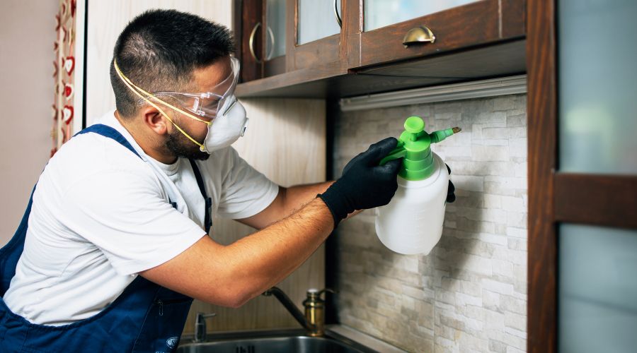 Technician applying pest control treatment in kitchen